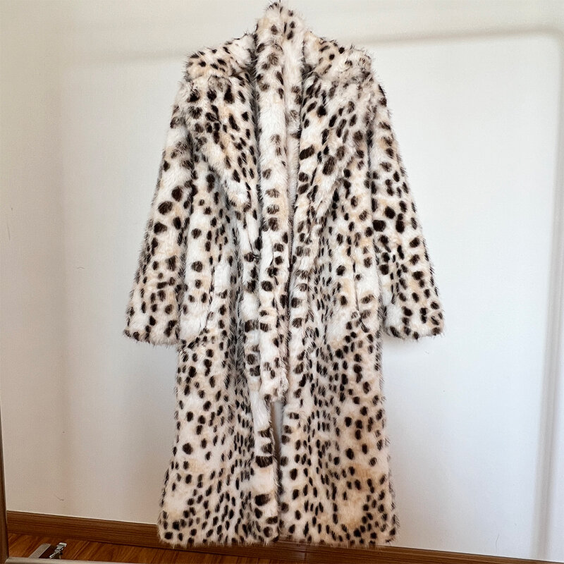 Jaket bulu rubah halus wanita, mantel bulu macan tutul bersabuk panjang 2023 musim dingin eksklusif wanita