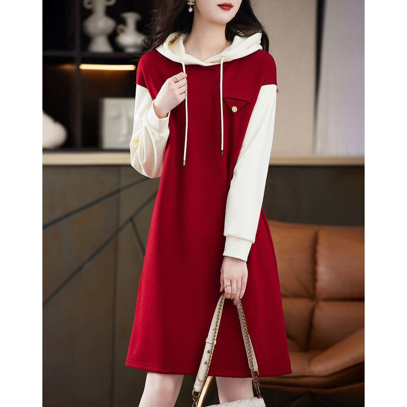 Gaun kasual bertudung untuk wanita, pakaian Korea ukuran besar longgar dua potong modis musim gugur 2023