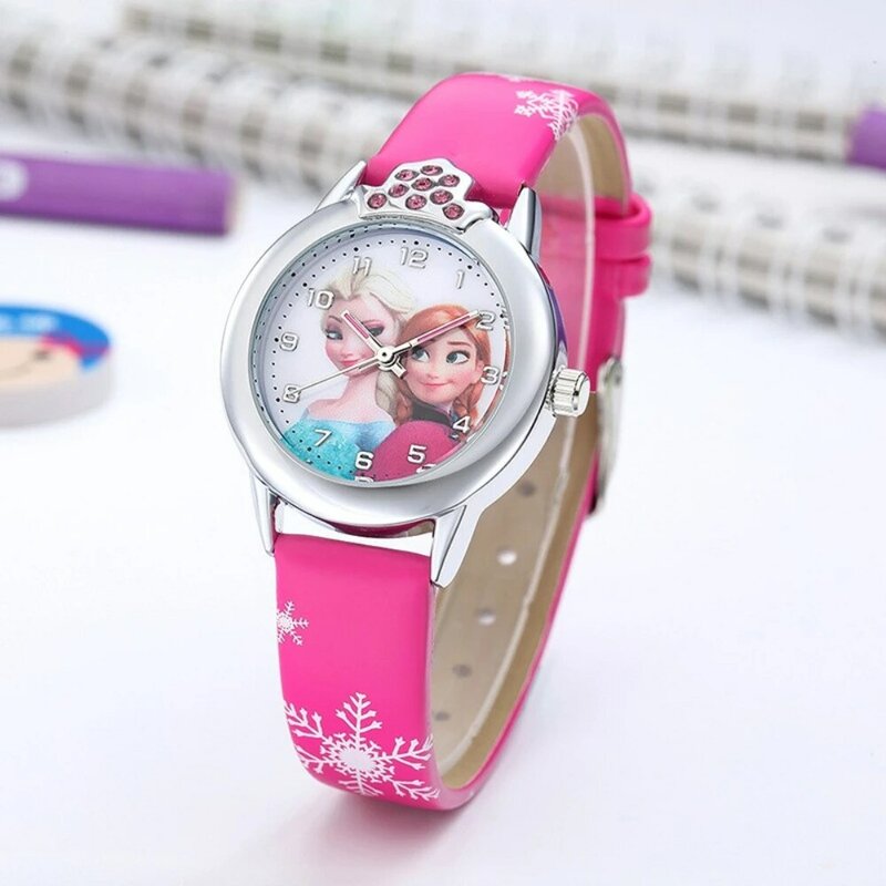 Elsa jam tangan mahkota anak perempuan, arloji tali kulit lucu kartun Anime putri hadiah meja