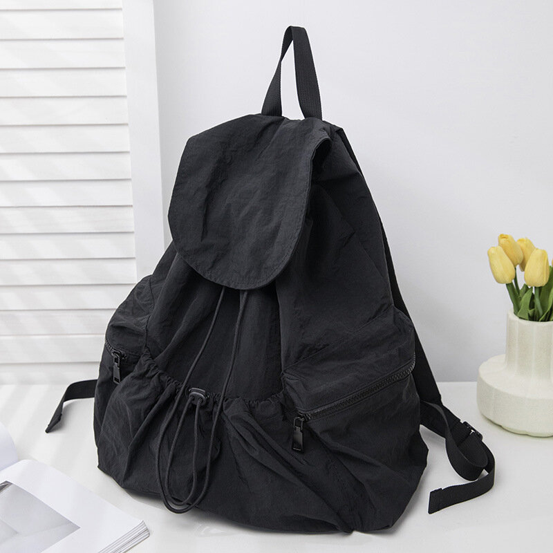 Fashionable pleated drawstring nylon backpack for women large capacity flip top student backpack college student backpack