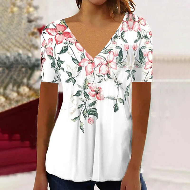 T-shirt estampada flor com decote em v feminino, manga curta, casual, respirável, refrescante, verão Y2K Top, tendência, 2023, novo