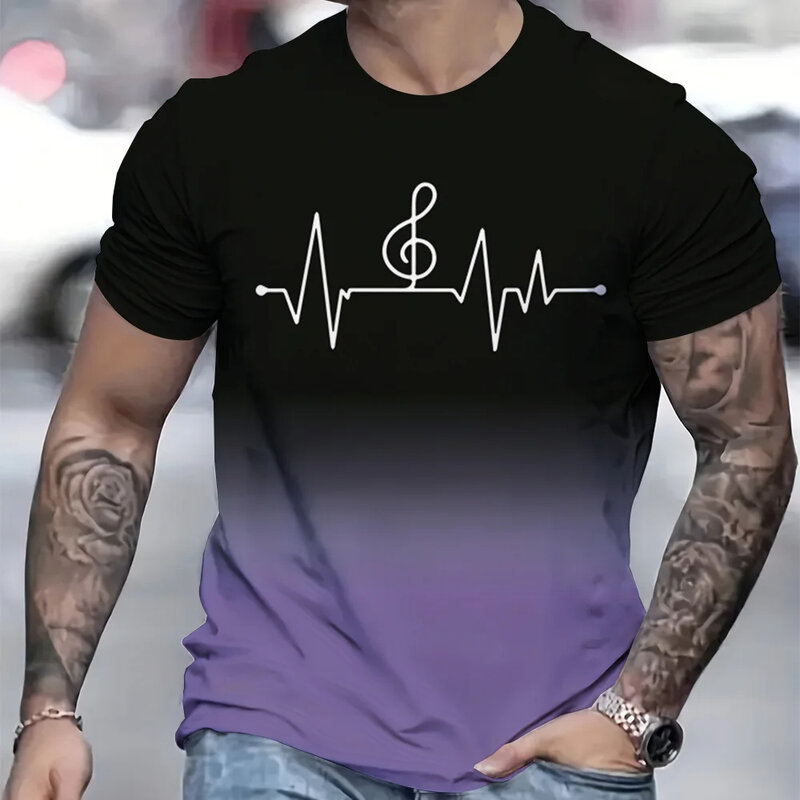 Camiseta masculina com gradiente listrado estampada em 3D, blusa casual fitness, manga curta, roupas de rua grandes, elegante, verão