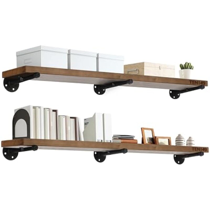 Industrial Pipe Wood Wall Shelf -48 Espresso Real Wooden Modern Interior Decor Floating Shelves w/ Iron Pipe Brackets Set of 2