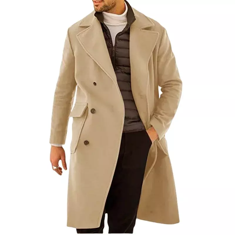 Mantel wol panjang dua baris pria, mantel tebal musim gugur musim dingin baru 2023