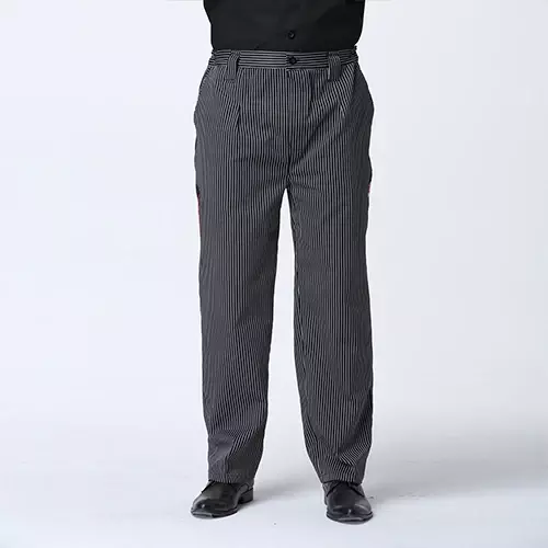 Calças uniformes de chef listradas elásticas para homens, calças zebra cinza, calças de cozinheiro, restaurante hotel e cozinha