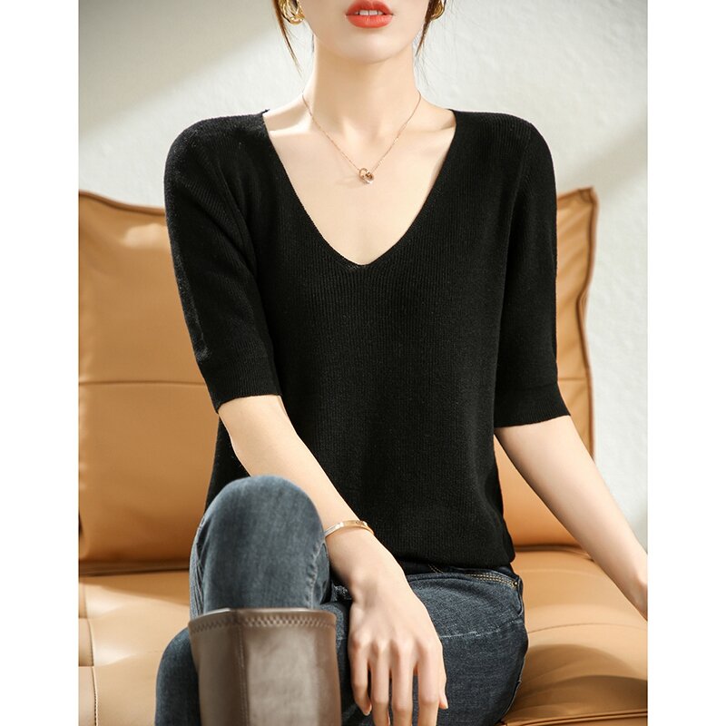 Suéter de punto con cuello en V para mujer, Jersey de manga media que combina con todo, modelos de verano 022, manga de cinco puntos de Color sólido Simple