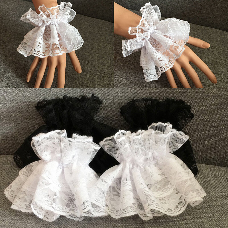 1Pair Detachable Cuffs Women Fake Flare Sleeve Floral Lace Mesh Pleated Ruched False Cuffs Sweater Lace Wristband Decoration