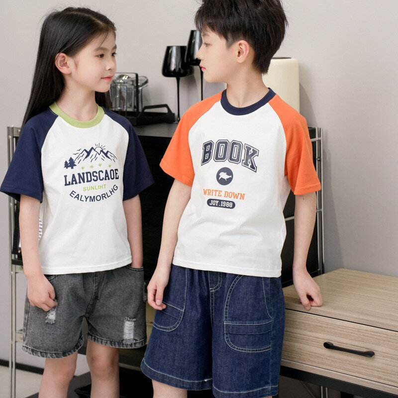 Patchwork manga curta camiseta, roupa de verão, roupas infantis, novo quente, letras impressas, moda streetwear, tamanho 100-180