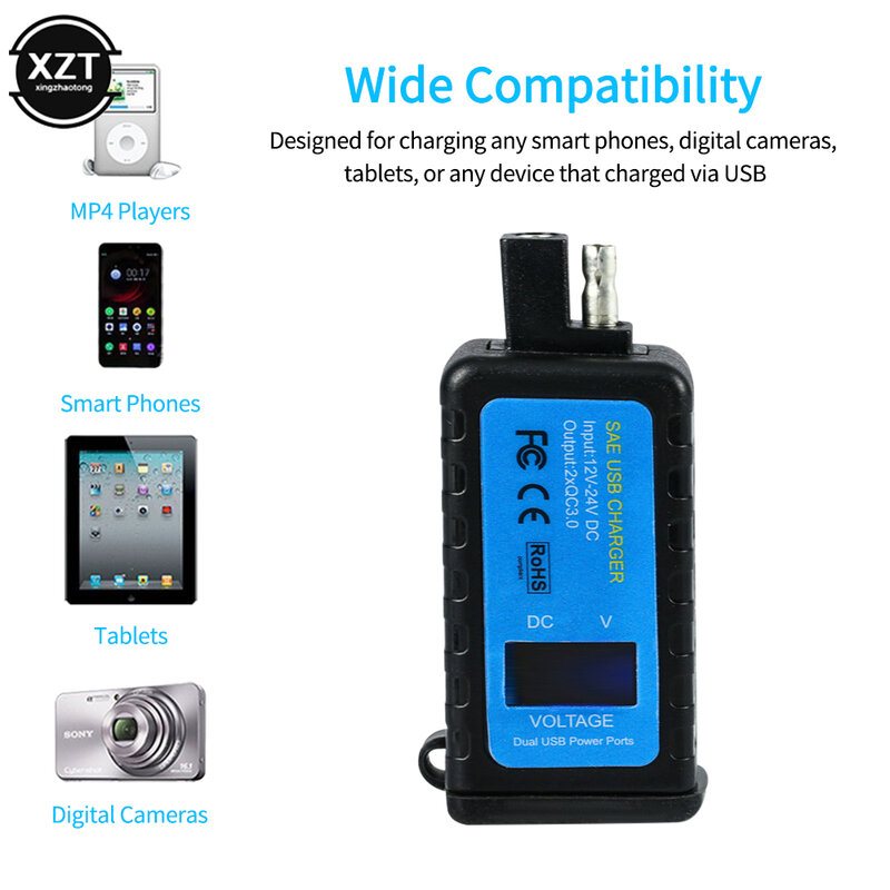 2023 New Motorcycle Digital Display Dual USB to SAE Qualcomm Quick Charger QC3.0 Phone Charger 12-24V Motorcycle Accessories