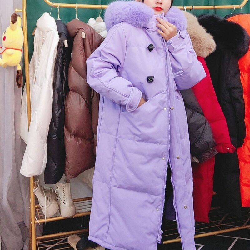 Jaket bertudung untuk wanita, pakaian luar musim dingin kerah bulu tebal hangat mantel panjang longgar atasan Streetwear R491