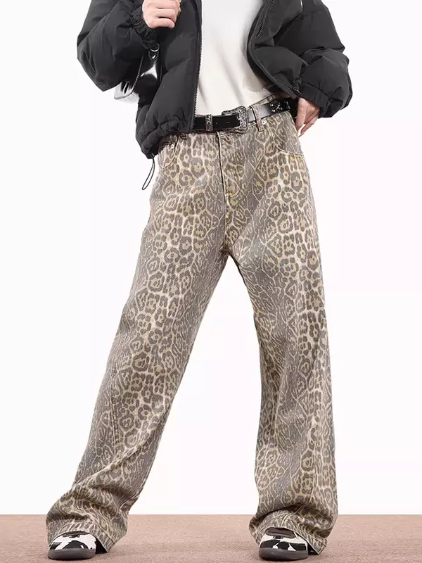 Jeans lavado leopardo feminino, calça de rua retrô Y2K, cintura alta, perna reta, solta, casual, moda gostosa, 2024