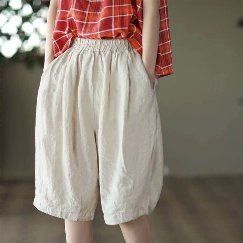 Шорты женские из хлопка и льна, однотонные свободные короткие штаны с карманами, с эластичной талией, в винтажном стиле, повседневная одежда, летние