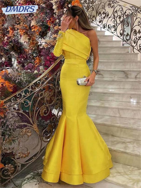 Yellow One Shoulder Saudi Arabia Evening Dresses Beads Full Sleeve Satin Mermaid Dubai Formal Evening Gowns Floor Length