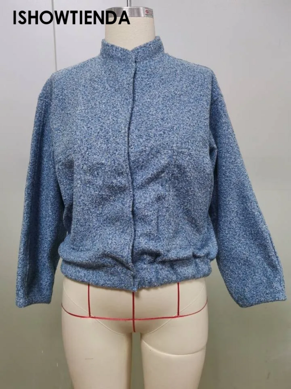 여성용 스탠딩 재킷, 주머니가 있는 패션 오버롤러, 은폐 단추 재킷, 단색 캐주얼 긴팔 상의