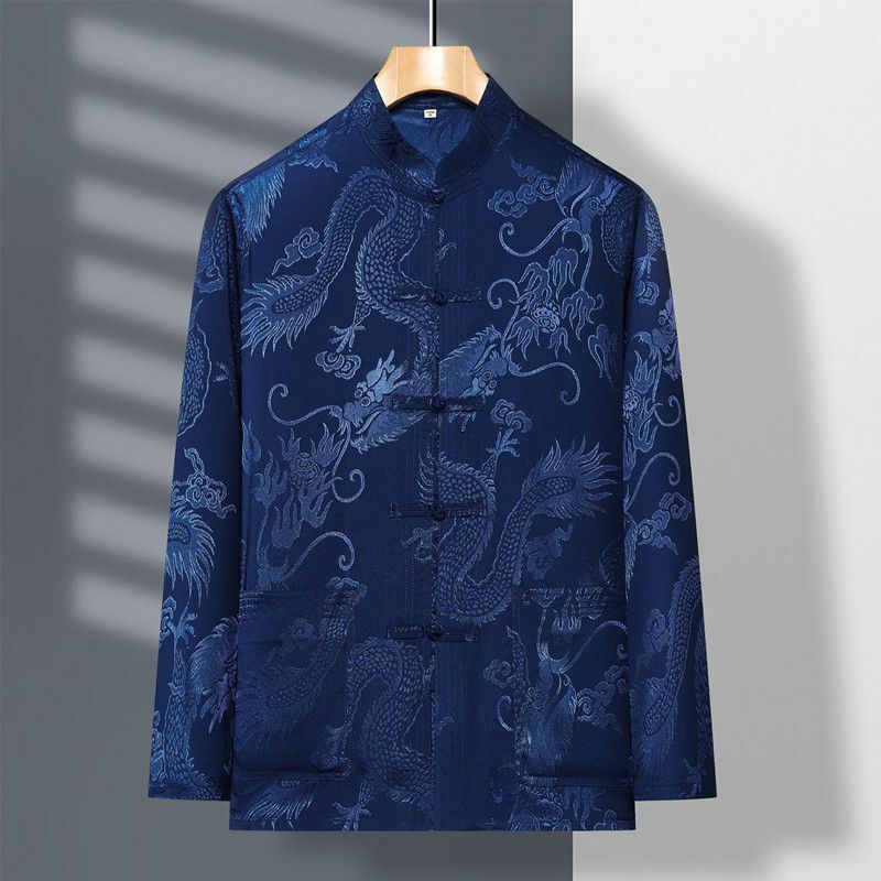2024 Spring New Middle Aged Elderly Tang Suit Men's Long Sleeved Satin Dragon Kung Fu Chinese Plus Size Shirt Training Clothing