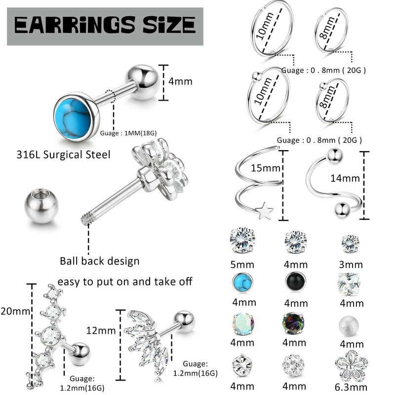 Orecchini di cartilagine Drperfect per le donne orecchini chirurgici in acciaio inossidabile con retro a sfera Stud Labret Conch Helix Ear Piercing Jewelry