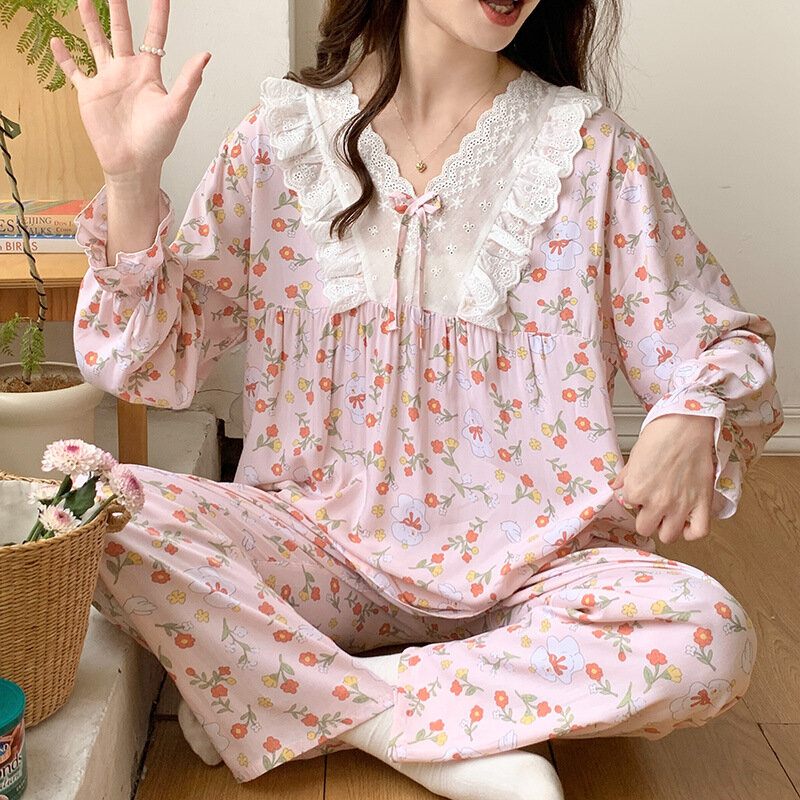 女性用韓国フローラルプリントパジャマ,ナイトウェア,コットン,長袖トップスとパンツ,ホームウェア