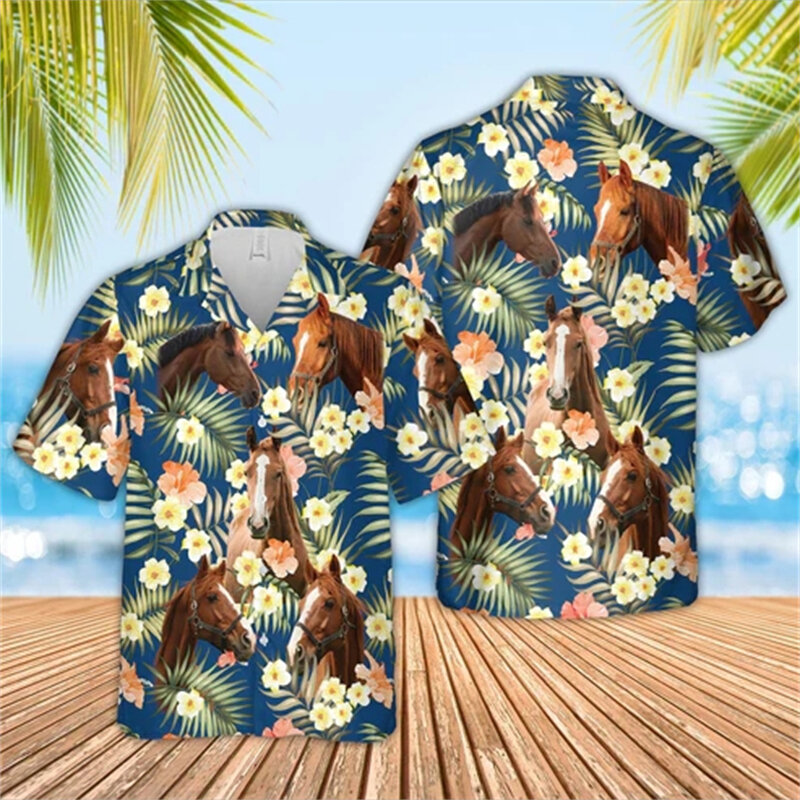 남성용 재미있는 동물 소 3D 프린트 비치 셔츠, 반팔 곰 라펠 블라우스, 하와이 소년 단추 상의, 남성 의류