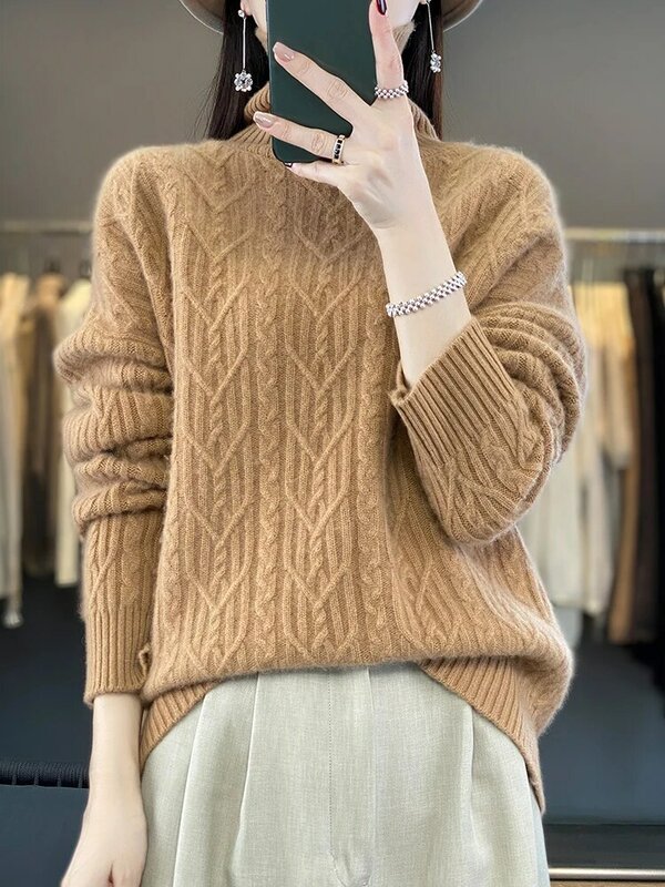 Sweater wol longgar wanita, atasan kasmir saku polos leher tiruan 100% wol musim gugur musim dingin