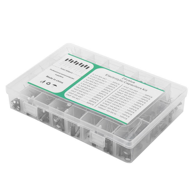 Kit de Capacitor Eletrolítico SMD Misto, Capacitores Eletrolíticos para Arduino, 0,1 uF-1000uF, 10V, 16V, 25V, 50V, 500Pcs, 24 Valores