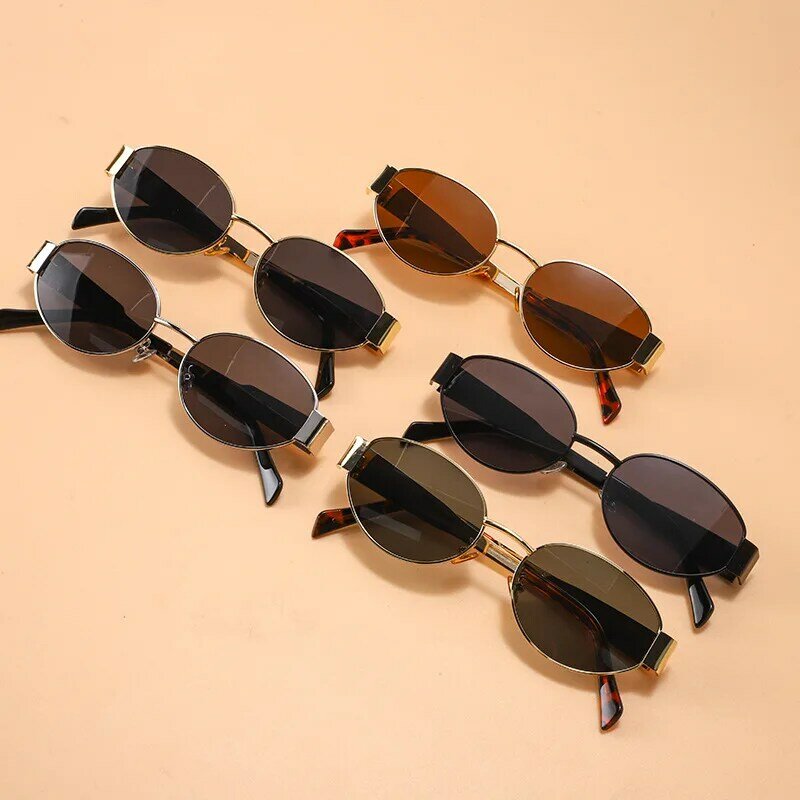 Kacamata hitam Oval bingkai logam kecil untuk wanita 2024 merk desainer mode mewah kacamata UV400 kacamata hitam antik pria