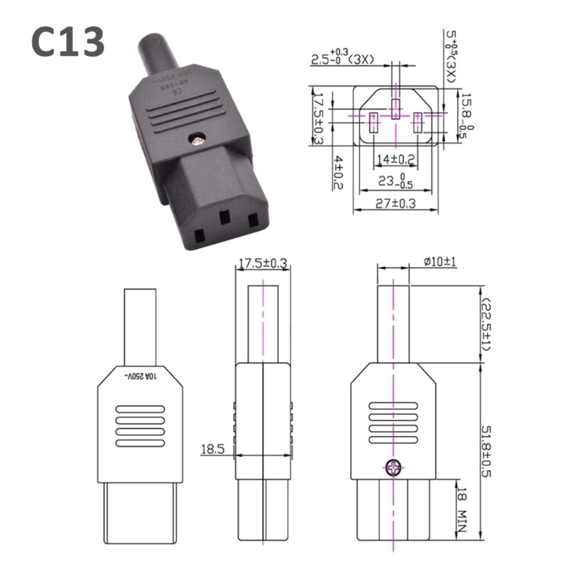 Zestaw wtyczek C13 i C14 Wtyk żeński, możliwość ponownego okablowania Złącze zasilania 3-pinowe gniazdo prądu przemiennego