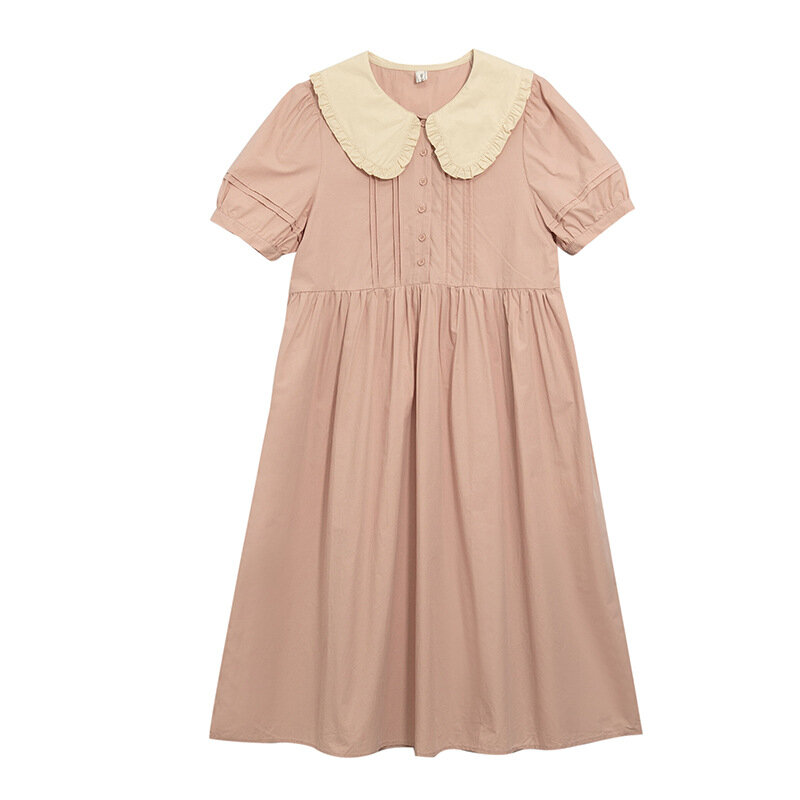 Mori Girl Style Sweet Cute Doll Collar Short-sleeved Dress Women 2024 Summer New  Vintage Loose Vestidos Pink Pleated Long Dress
