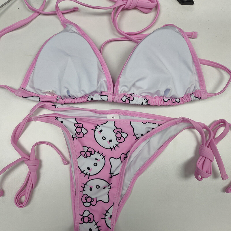 2 pezzi Hello Kitty Bikini Set Kawaii Bikini Y2K estate costume da bagno donna 2024 nuova spiaggia Strappy mutandine Sexy costumi da bagno ragazza