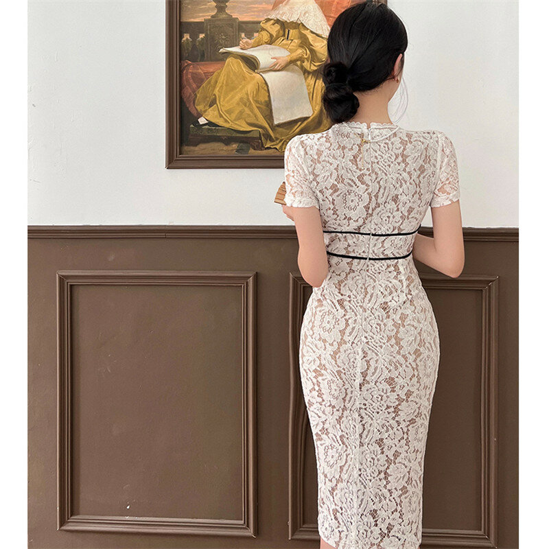 2023 Summer Short Sleeve Tie Bow Long Bodycon Dress Women Sexy V Neck Hollow Out Lace Dress Female Slim Elegant Party Vestidos