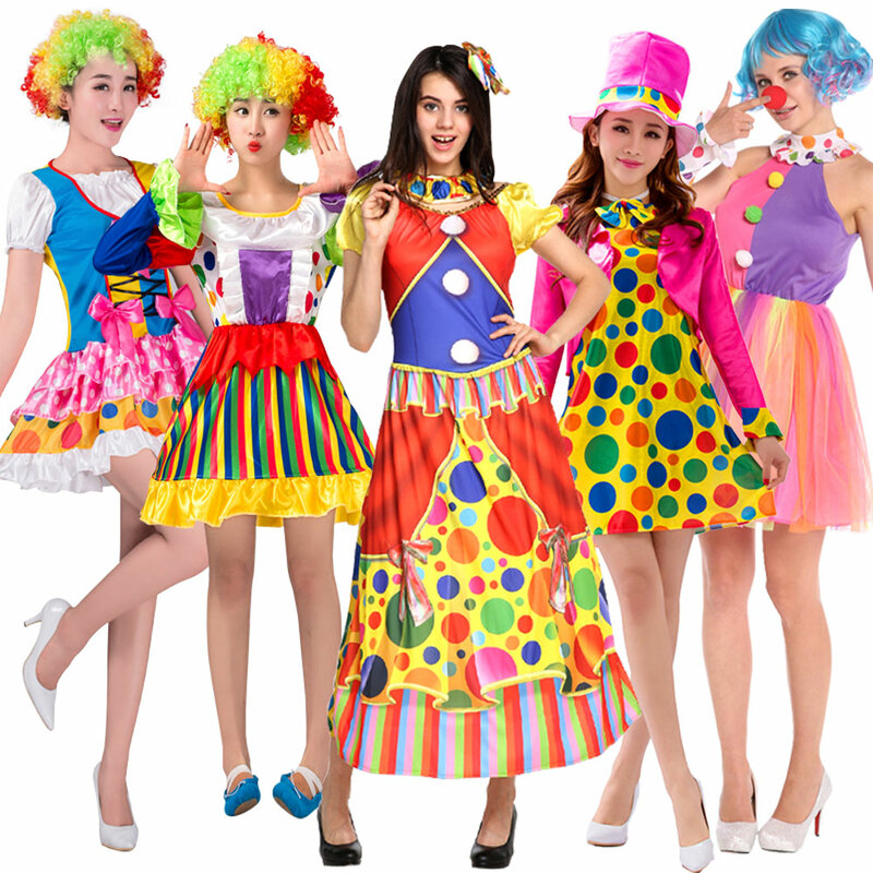Rainbow Circus Clown Costume for Adult Funny Joker Women Girls Birthday Carnival Party Outfit Sweet Clothes No Wig