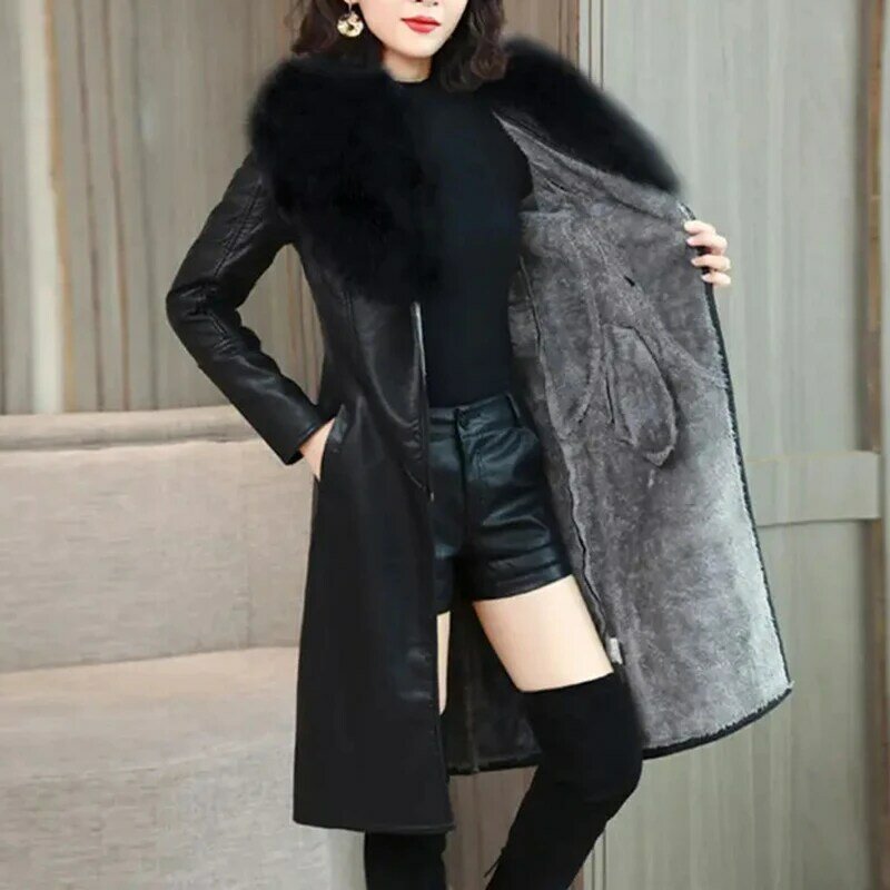 PU Imitation Leather Fur Collar Women Coats Autumn Winter 2023 Solid Adjustable Waist Mid-Length Slim Jacket Fashion Lady Coats