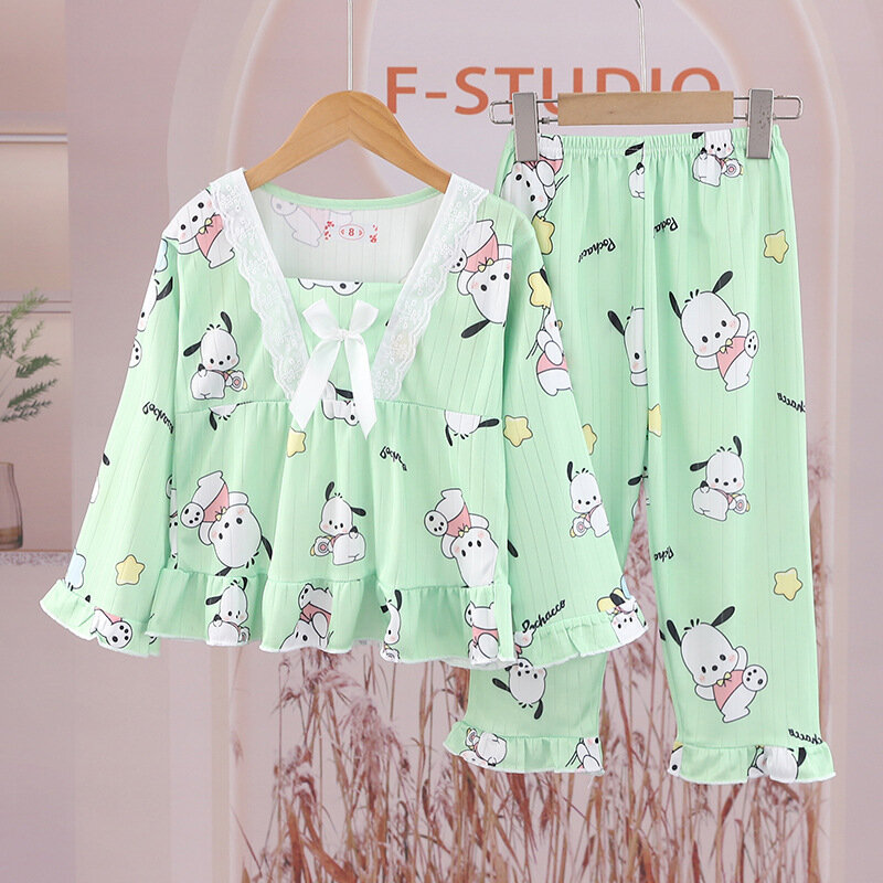 Miniso New Kawaii Kids Sleepwear Anime Kuromi Pochacco Cinnamoroll Children's Pajamas Girl Pijama Spring Loungewear Home Clothes
