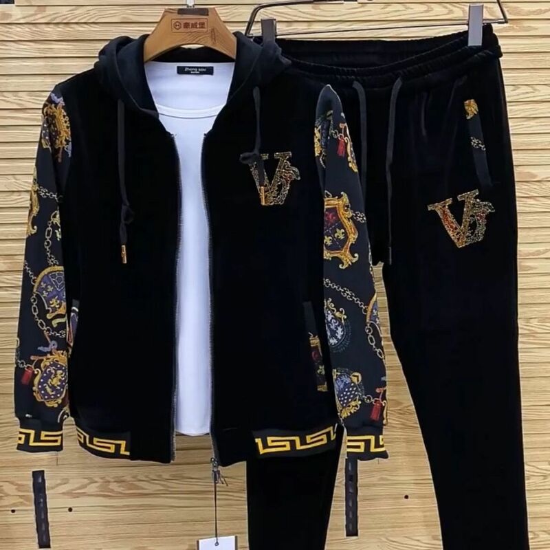 Men's Spring New Outdoor Pants Fashion Youth Set Gold Velvet Casual Two Piece Set