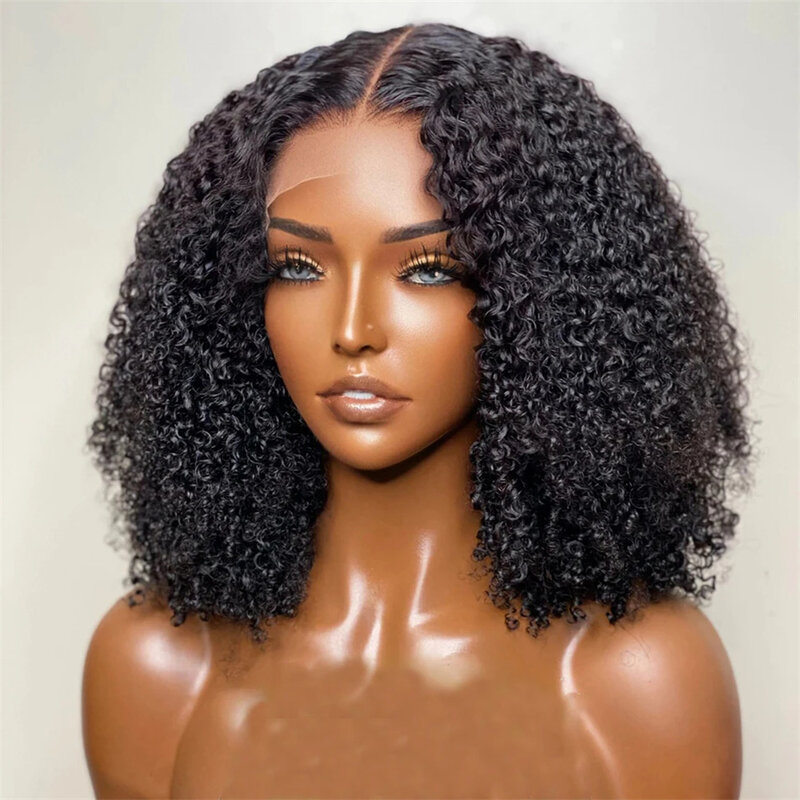Glueless Bob Lace Wig para mulheres, águas profundas, onda encaracolada, perucas de cabelo humano, cabelo natural Remy brasileiro, preto encaracolado