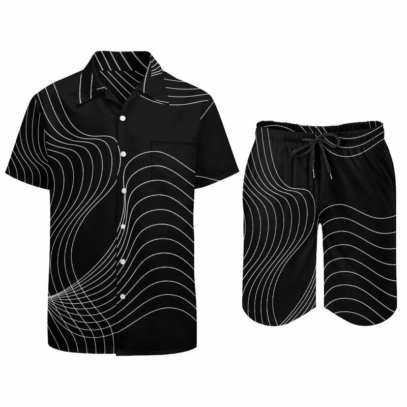 Abstrakcyjne linie w paski zestawy dla mężczyzn falowany zestaw koszula na co dzień estetyczne spodenki do fitnessu na lato garnitur dwuczęściowe ubrania