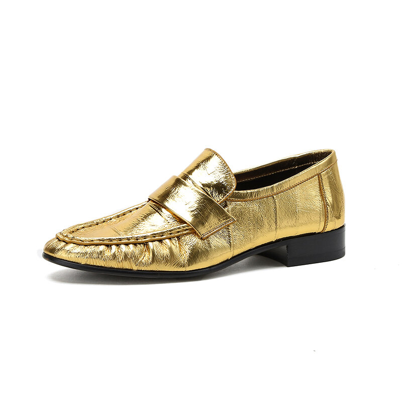Sepatu pantofel Slip On hak rendah wanita, Kasut lipit kasual emas gaya Inggris musim semi musim panas nyaman