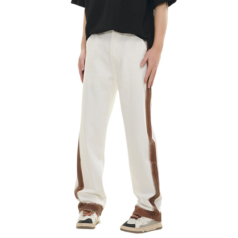 กางเกงยีนส์ขาตรงขากว้างสำหรับผู้ชาย, กางเกงยีนส์ทรงหลวมดีไซน์ลายทางใส่สบายสตรีทย้อนยุคบุคลิกฮิปฮอป