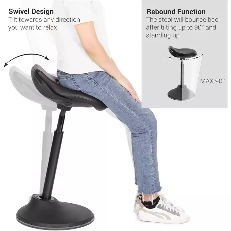 Preto Standing Stool com Anti-Slip Pad Inferior para Mesa, cadeira de equilíbrio sentado ativo, 23,6-33,3 polegadas