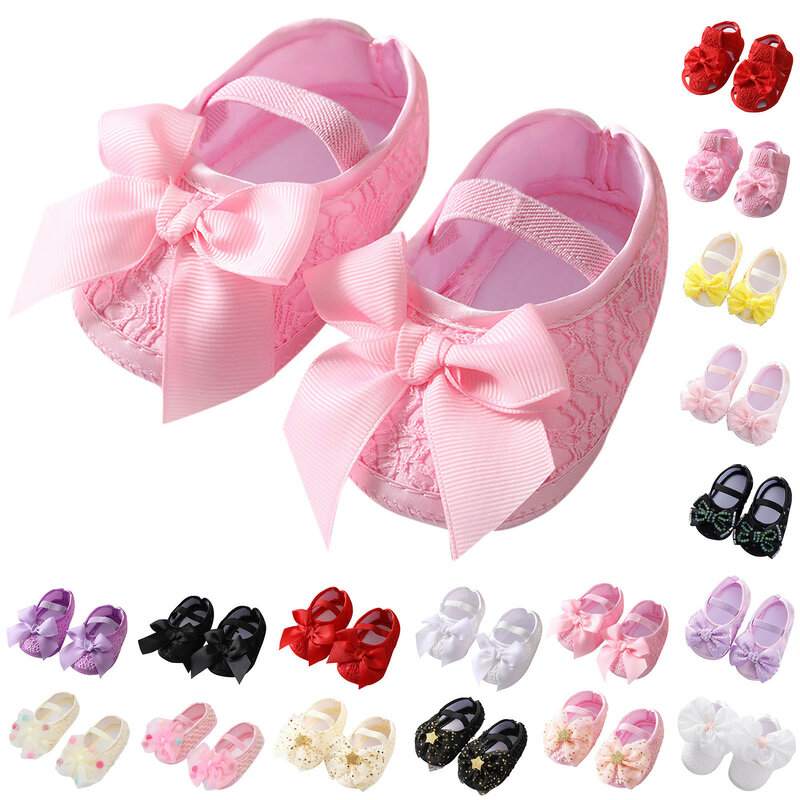 Sapatos de bowknot antiderrapantes macios para bebês, sapatos de princesa leves, primeiro caminhante bonito da criança, cinto elástico, 0-15 meses