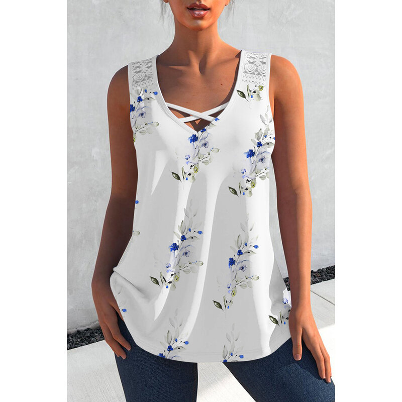 Camiseta sin mangas informal con estampado Floral, Top de talla grande con tirantes cruzados y costuras de encaje
