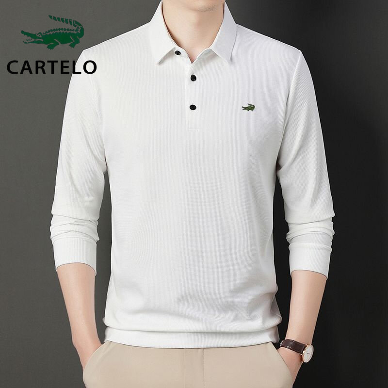 Cartelo-camisa polo bordada masculina, top de cor sólida, manga longa, casual, negócios, quatro estações