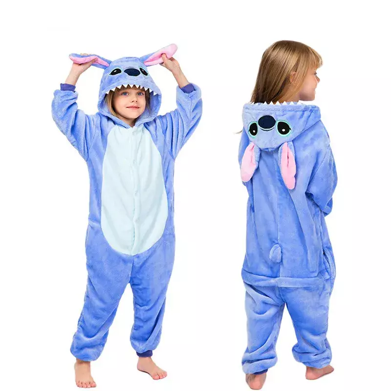 Disney Stich Kinder Winter Einteiliges Pyjamas Sets Kinder Tier Kigurumi Onesies für Jungen Mädchen Pyjama Cartoon Cosplay Kostüm