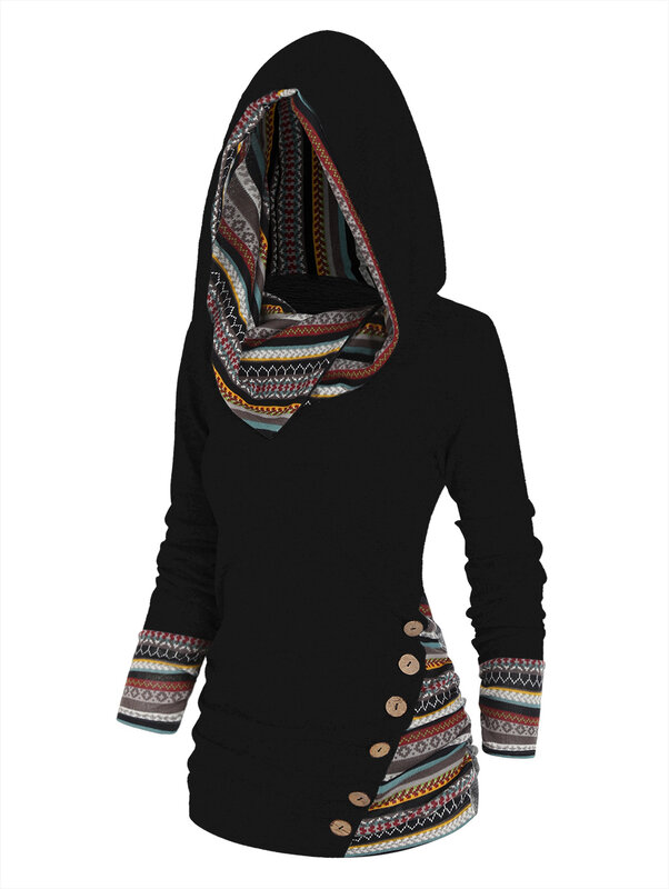 Tribal Geometric Stripe Panel Hooded Knit Top Long Sleeve Mock Button Knitted Women Casual Ethnic Top With Hood