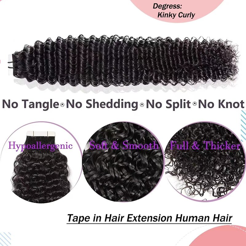 Kinky Curly Hair Extensions, Remy Skin Weft, adesivo, invisível, sem costura, preto natural, 12-30 ", transporte rápido