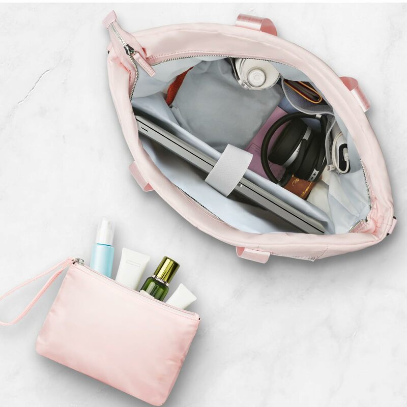กระเป๋าโท้ทบุนวมสีชมพูสำหรับผู้หญิง: ใช้งานได้จริงพร้อมช่องใส่แล็ปท็อปและซิปปิด-เหมาะสำหรับการเดินทางออกกำลังกายในวันหยุด
