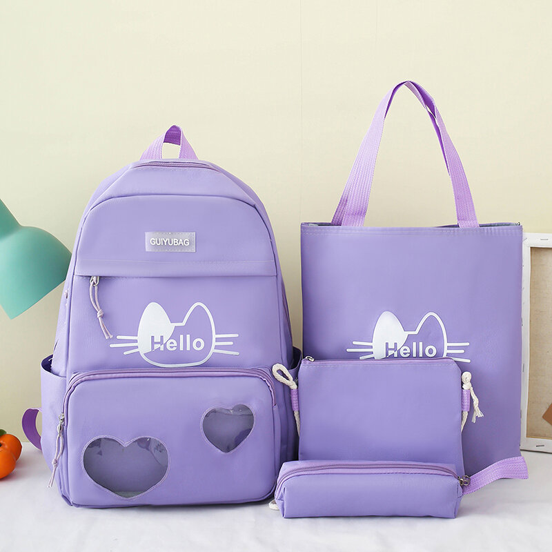 4 Pcs Sets backpack women hello school bags for girls kid Cute kitten backpack for girls mochilas handbag school bags for girls
