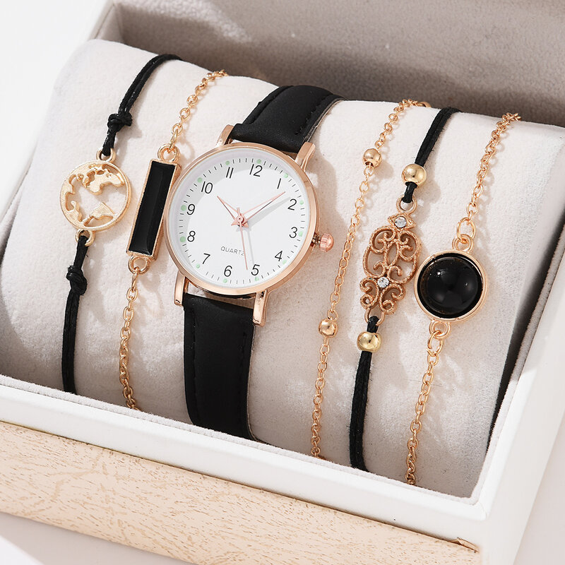 1pc Minimalist Square Pointer Quartz Watch & 4pcs Bracelet Fancy Women Watches Jewelry Valentine's Gifts For Her