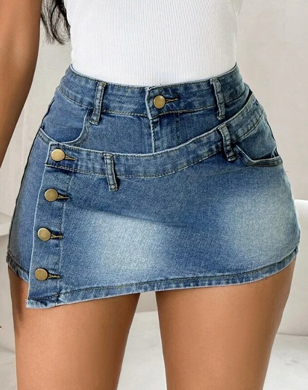 2024 Summer Denim Short for Women Elegant Sexy Pocket Design Buttoned Washed Asymmetrical High Waist Daily Vacation Denim Short