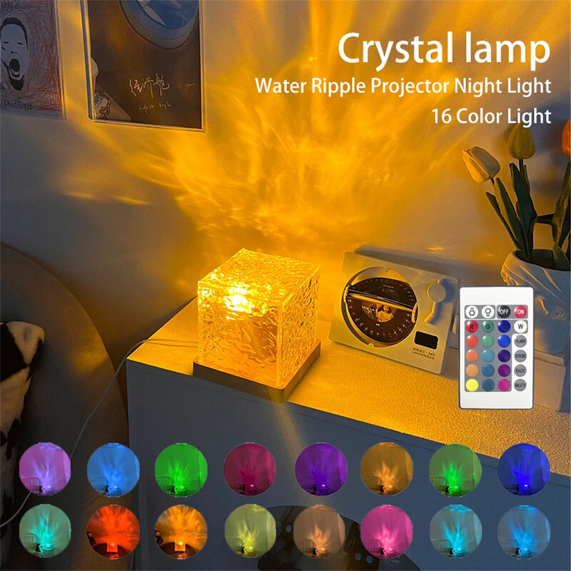 Corona de luz nocturna de cristal, proyector de ondulación de agua giratorio dinámico 3D, lámpara LED de mesa, Cubo de ondulación de agua, decoración de la casa