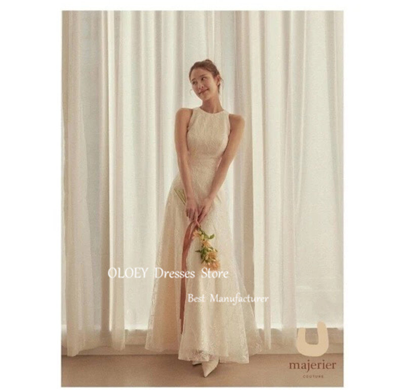 OLOEY Simple A Line Full Lace Korea Wedding Dresses Jewel Neck Split Ankle Length Bridal Gowns Photo shoot Garden